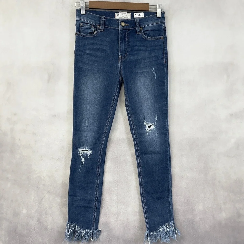 Free People Great Heights Jeans Size 24 Distressed Raw Hem Skinny Y2K Indie Boho